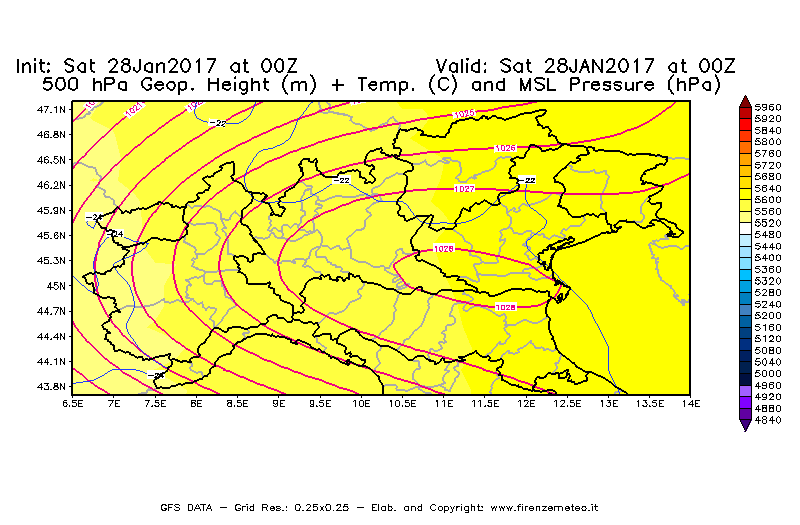 Mappa di analisi GFS - Geopotenziale [m] + Temp. [°C] a 500 hPa + Press. a livello del mare [hPa] in Nord-Italia
							del 28/01/2017 00 <!--googleoff: index-->UTC<!--googleon: index-->
