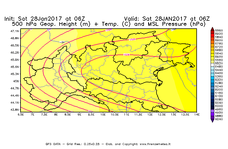 Mappa di analisi GFS - Geopotenziale [m] + Temp. [°C] a 500 hPa + Press. a livello del mare [hPa] in Nord-Italia
							del 28/01/2017 06 <!--googleoff: index-->UTC<!--googleon: index-->