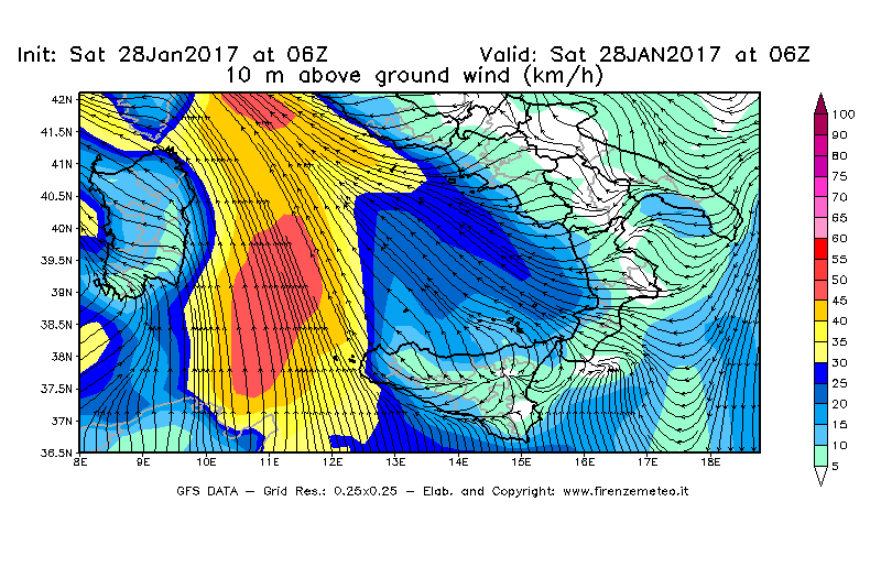 Mappa di analisi GFS - Velocità del vento a 10 metri dal suolo [km/h] in Sud-Italia
							del 28/01/2017 06 <!--googleoff: index-->UTC<!--googleon: index-->