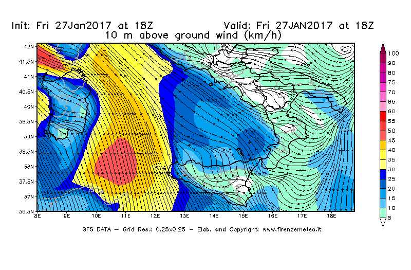 Mappa di analisi GFS - Velocità del vento a 10 metri dal suolo [km/h] in Sud-Italia
									del 28/01/2017 18 <!--googleoff: index-->UTC<!--googleon: index-->