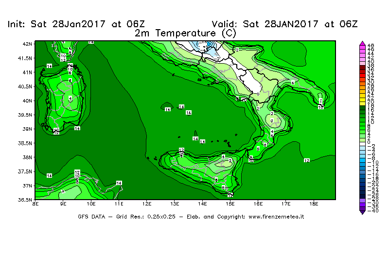 Mappa di analisi GFS - Temperatura a 2 metri dal suolo [°C] in Sud-Italia
							del 28/01/2017 06 <!--googleoff: index-->UTC<!--googleon: index-->