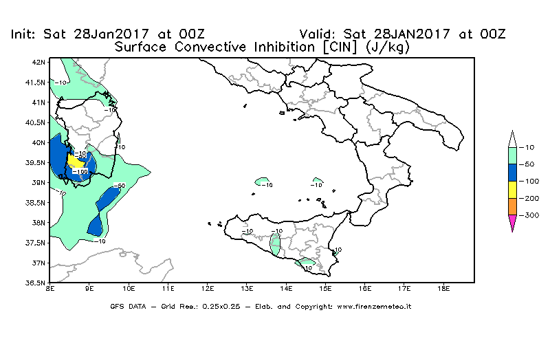Mappa di analisi GFS - CIN [J/kg] in Sud-Italia
									del 28/01/2017 00 <!--googleoff: index-->UTC<!--googleon: index-->