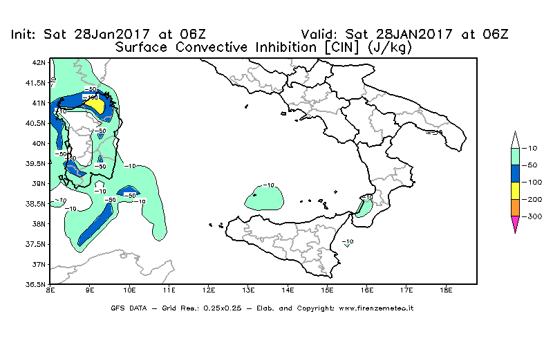 Mappa di analisi GFS - CIN [J/kg] in Sud-Italia
							del 28/01/2017 06 <!--googleoff: index-->UTC<!--googleon: index-->