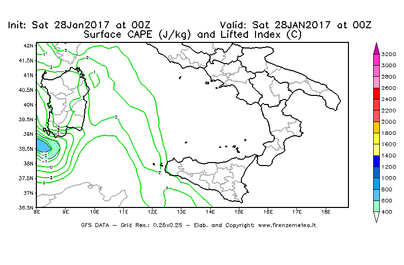 Mappa di analisi GFS - CAPE [J/kg] e Lifted Index [°C] in Sud-Italia
							del 28/01/2017 00 <!--googleoff: index-->UTC<!--googleon: index-->