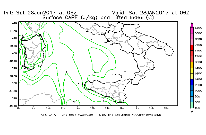 Mappa di analisi GFS - CAPE [J/kg] e Lifted Index [°C] in Sud-Italia
							del 28/01/2017 06 <!--googleoff: index-->UTC<!--googleon: index-->