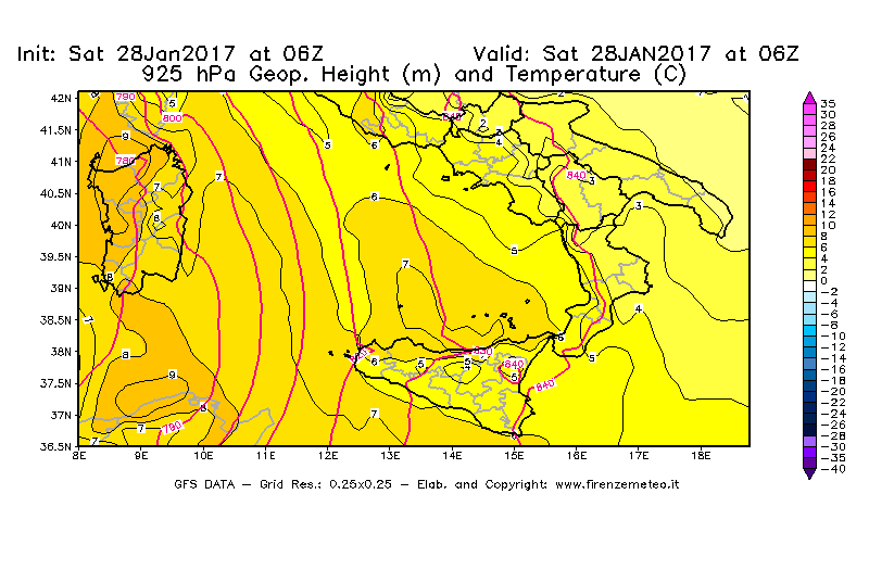 Mappa di analisi GFS - Geopotenziale [m] e Temperatura [°C] a 925 hPa in Sud-Italia
							del 28/01/2017 06 <!--googleoff: index-->UTC<!--googleon: index-->