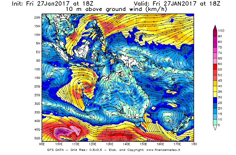 Mappa di analisi GFS - Velocità del vento a 10 metri dal suolo [km/h] in Oceania
									del 28/01/2017 18 <!--googleoff: index-->UTC<!--googleon: index-->