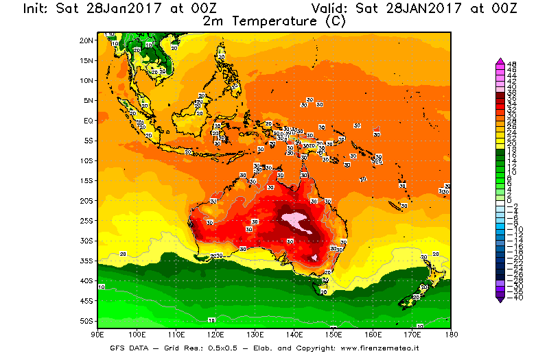 Mappa di analisi GFS - Temperatura a 2 metri dal suolo [°C] in Oceania
							del 28/01/2017 00 <!--googleoff: index-->UTC<!--googleon: index-->
