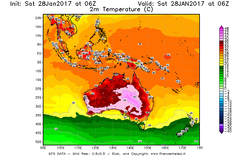 Mappa di analisi GFS - Temperatura a 2 metri dal suolo [°C] in Oceania
							del 28/01/2017 06 <!--googleoff: index-->UTC<!--googleon: index-->