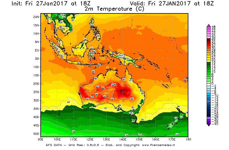 Mappa di analisi GFS - Temperatura a 2 metri dal suolo [°C] in Oceania
							del 28/01/2017 18 <!--googleoff: index-->UTC<!--googleon: index-->