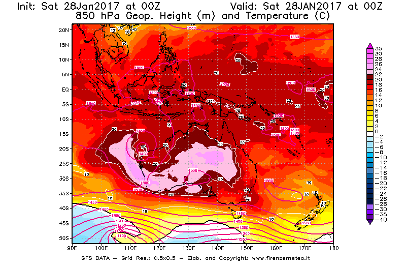 Mappa di analisi GFS - Geopotenziale [m] e Temperatura [°C] a 850 hPa in Oceania
									del 28/01/2017 00 <!--googleoff: index-->UTC<!--googleon: index-->