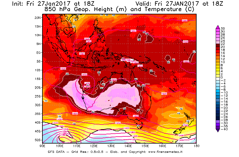 Mappa di analisi GFS - Geopotenziale [m] e Temperatura [°C] a 850 hPa in Oceania
							del 28/01/2017 18 <!--googleoff: index-->UTC<!--googleon: index-->