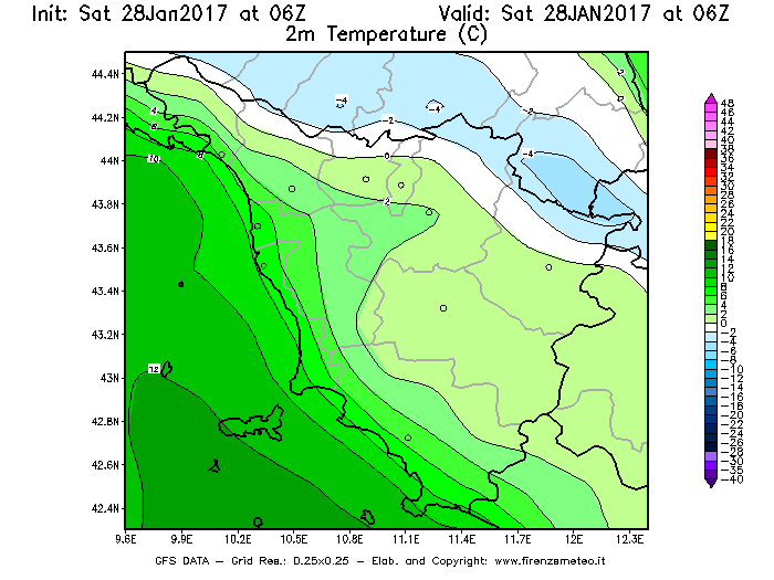 Mappa di analisi GFS - Temperatura a 2 metri dal suolo [°C] in Toscana
							del 28/01/2017 06 <!--googleoff: index-->UTC<!--googleon: index-->