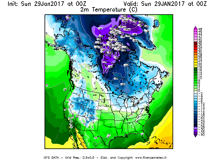 Mappa di analisi GFS - Temperatura a 2 metri dal suolo [°C] in Nord-America
									del 29/01/2017 00 <!--googleoff: index-->UTC<!--googleon: index-->
