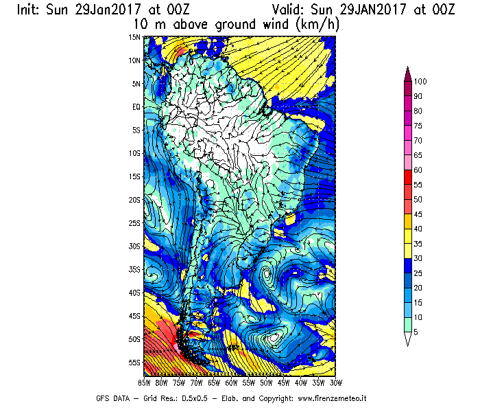Mappa di analisi GFS - Velocità del vento a 10 metri dal suolo [km/h] in Sud-America
							del 29/01/2017 00 <!--googleoff: index-->UTC<!--googleon: index-->