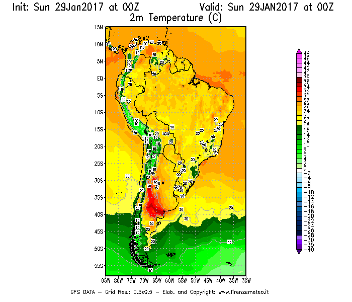 Mappa di analisi GFS - Temperatura a 2 metri dal suolo [°C] in Sud-America
							del 29/01/2017 00 <!--googleoff: index-->UTC<!--googleon: index-->