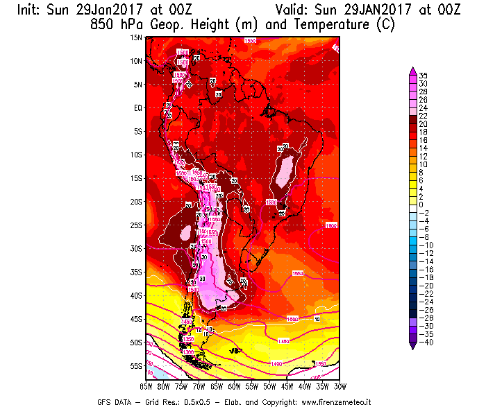 Mappa di analisi GFS - Geopotenziale [m] e Temperatura [°C] a 850 hPa in Sud-America
							del 29/01/2017 00 <!--googleoff: index-->UTC<!--googleon: index-->