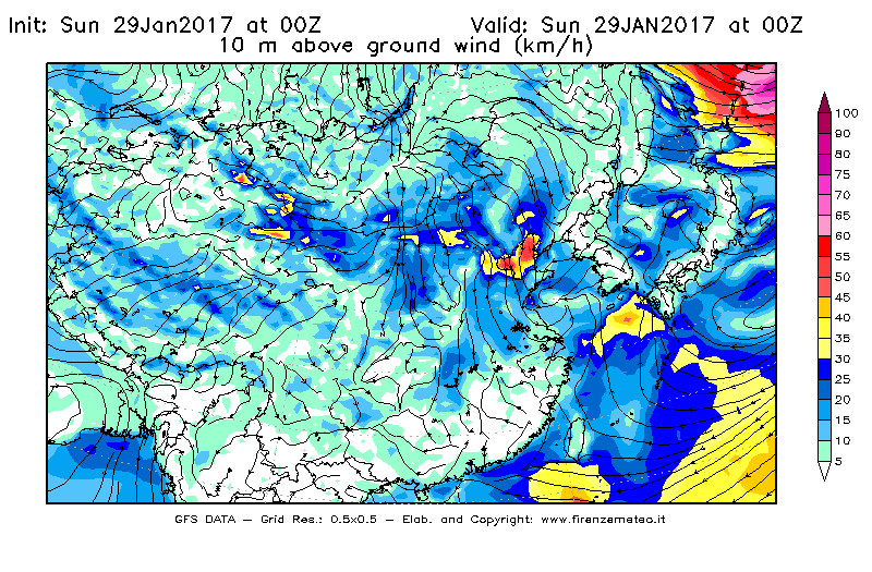 Mappa di analisi GFS - Velocità del vento a 10 metri dal suolo [km/h] in Asia Orientale
							del 29/01/2017 00 <!--googleoff: index-->UTC<!--googleon: index-->