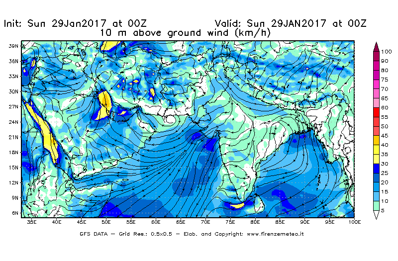 Mappa di analisi GFS - Velocità del vento a 10 metri dal suolo [km/h] in Asia Sud-Occidentale
							del 29/01/2017 00 <!--googleoff: index-->UTC<!--googleon: index-->
