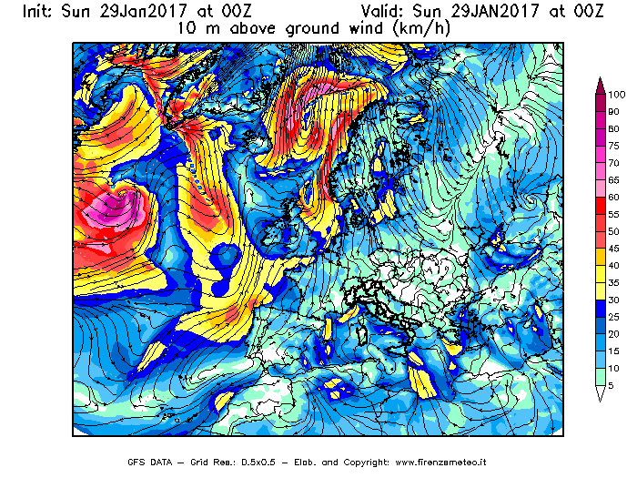 Mappa di analisi GFS - Velocità del vento a 10 metri dal suolo [km/h] in Europa
									del 29/01/2017 00 <!--googleoff: index-->UTC<!--googleon: index-->