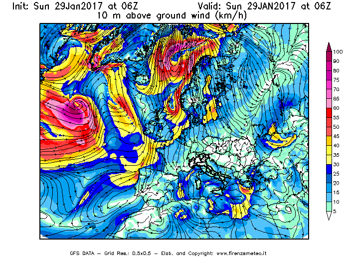 Mappa di analisi GFS - Velocità del vento a 10 metri dal suolo [km/h] in Europa
							del 29/01/2017 06 <!--googleoff: index-->UTC<!--googleon: index-->