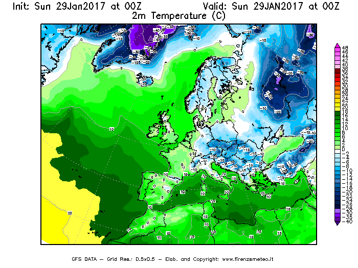 Mappa di analisi GFS - Temperatura a 2 metri dal suolo [°C] in Europa
							del 29/01/2017 00 <!--googleoff: index-->UTC<!--googleon: index-->