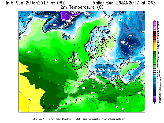 Mappa di analisi GFS - Temperatura a 2 metri dal suolo [°C] in Europa
							del 29/01/2017 06 <!--googleoff: index-->UTC<!--googleon: index-->