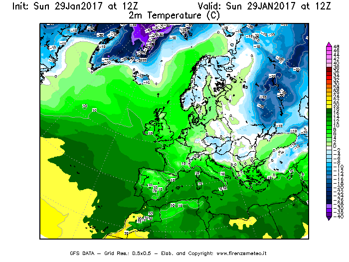 Mappa di analisi GFS - Temperatura a 2 metri dal suolo [°C] in Europa
							del 29/01/2017 12 <!--googleoff: index-->UTC<!--googleon: index-->