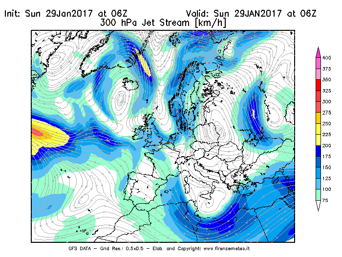 Mappa di analisi GFS - Jet Stream a 300 hPa in Europa
							del 29/01/2017 06 <!--googleoff: index-->UTC<!--googleon: index-->