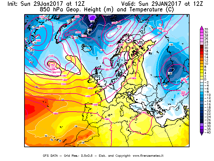Mappa di analisi GFS - Geopotenziale [m] e Temperatura [°C] a 850 hPa in Europa
							del 29/01/2017 12 <!--googleoff: index-->UTC<!--googleon: index-->
