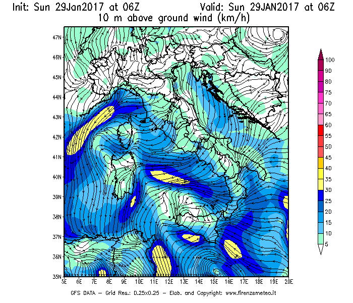 Mappa di analisi GFS - Velocità del vento a 10 metri dal suolo [km/h] in Italia
									del 29/01/2017 06 <!--googleoff: index-->UTC<!--googleon: index-->