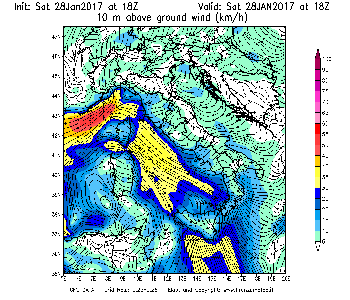 Mappa di analisi GFS - Velocità del vento a 10 metri dal suolo [km/h] in Italia
							del 29/01/2017 18 <!--googleoff: index-->UTC<!--googleon: index-->
