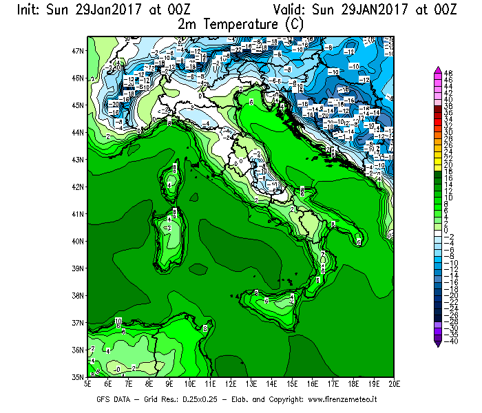 Mappa di analisi GFS - Temperatura a 2 metri dal suolo [°C] in Italia
							del 29/01/2017 00 <!--googleoff: index-->UTC<!--googleon: index-->
