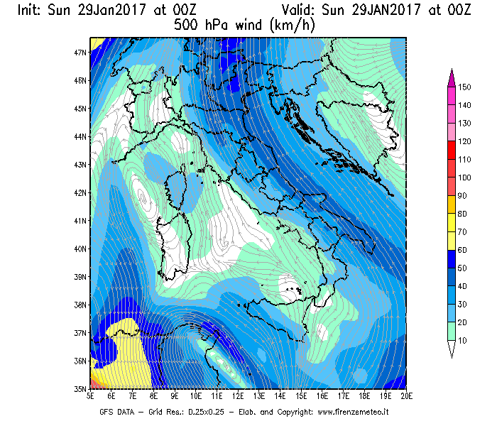 Mappa di analisi GFS - Velocità del vento a 500 hPa [km/h] in Italia
							del 29/01/2017 00 <!--googleoff: index-->UTC<!--googleon: index-->