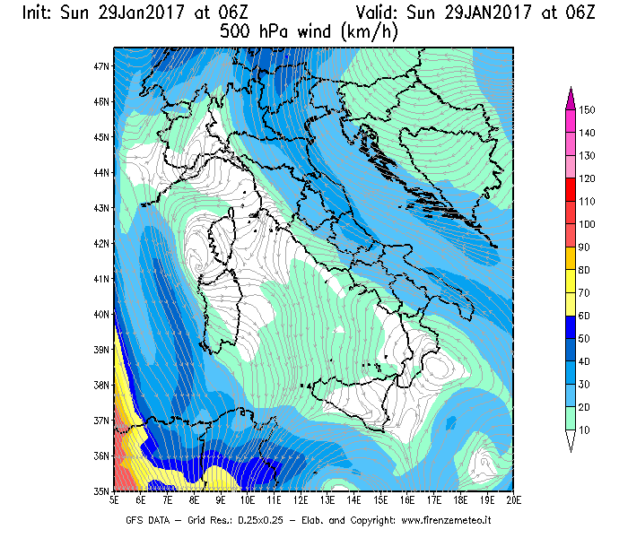 Mappa di analisi GFS - Velocità del vento a 500 hPa [km/h] in Italia
							del 29/01/2017 06 <!--googleoff: index-->UTC<!--googleon: index-->