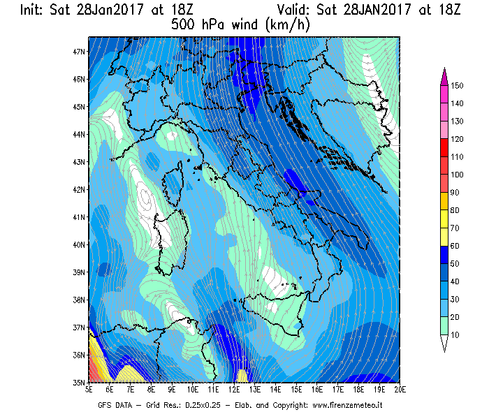 Mappa di analisi GFS - Velocità del vento a 500 hPa [km/h] in Italia
							del 29/01/2017 18 <!--googleoff: index-->UTC<!--googleon: index-->