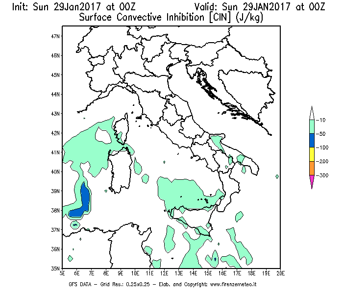 Mappa di analisi GFS - CIN [J/kg] in Italia
									del 29/01/2017 00 <!--googleoff: index-->UTC<!--googleon: index-->