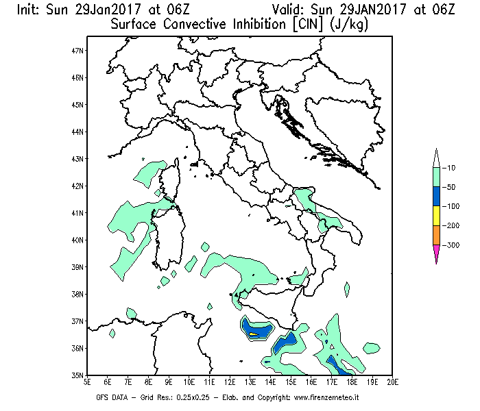 Mappa di analisi GFS - CIN [J/kg] in Italia
							del 29/01/2017 06 <!--googleoff: index-->UTC<!--googleon: index-->