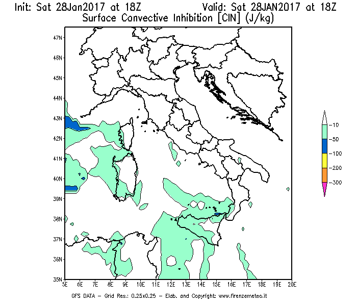 Mappa di analisi GFS - CIN [J/kg] in Italia
									del 29/01/2017 18 <!--googleoff: index-->UTC<!--googleon: index-->