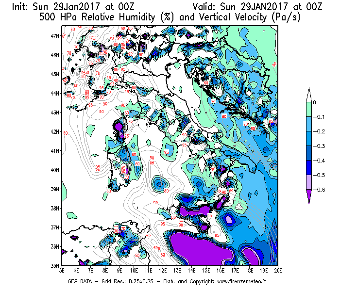 Mappa di analisi GFS - Umidità relativa [%] e Omega [Pa/s] a 500 hPa in Italia
							del 29/01/2017 00 <!--googleoff: index-->UTC<!--googleon: index-->