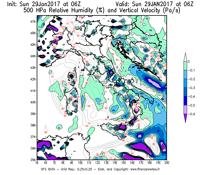 Mappa di analisi GFS - Umidità relativa [%] e Omega [Pa/s] a 500 hPa in Italia
							del 29/01/2017 06 <!--googleoff: index-->UTC<!--googleon: index-->