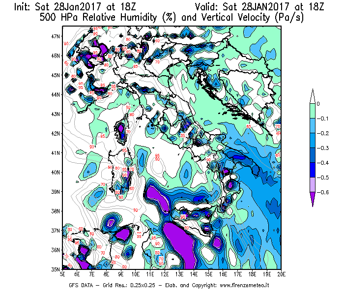 Mappa di analisi GFS - Umidità relativa [%] e Omega [Pa/s] a 500 hPa in Italia
									del 29/01/2017 18 <!--googleoff: index-->UTC<!--googleon: index-->