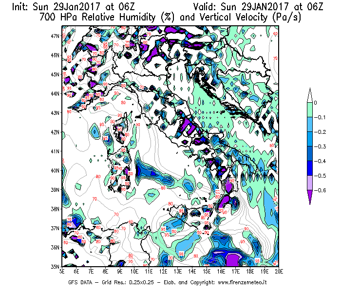 Mappa di analisi GFS - Umidità relativa [%] e Omega [Pa/s] a 700 hPa in Italia
							del 29/01/2017 06 <!--googleoff: index-->UTC<!--googleon: index-->
