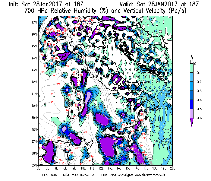 Mappa di analisi GFS - Umidità relativa [%] e Omega [Pa/s] a 700 hPa in Italia
							del 29/01/2017 18 <!--googleoff: index-->UTC<!--googleon: index-->