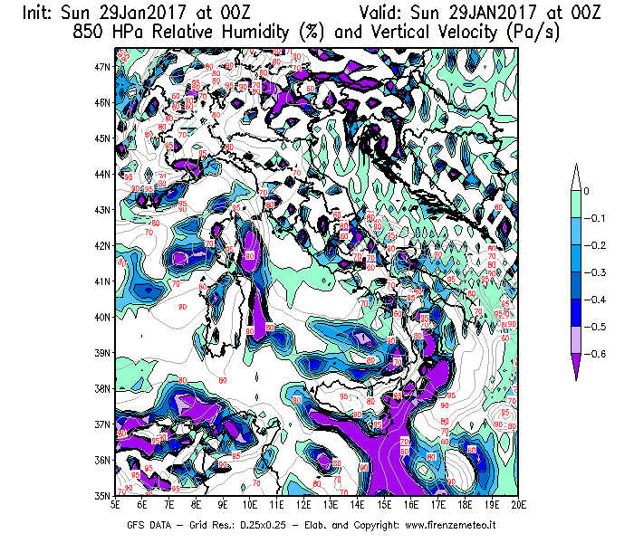 Mappa di analisi GFS - Umidità relativa [%] e Omega [Pa/s] a 850 hPa in Italia
							del 29/01/2017 00 <!--googleoff: index-->UTC<!--googleon: index-->