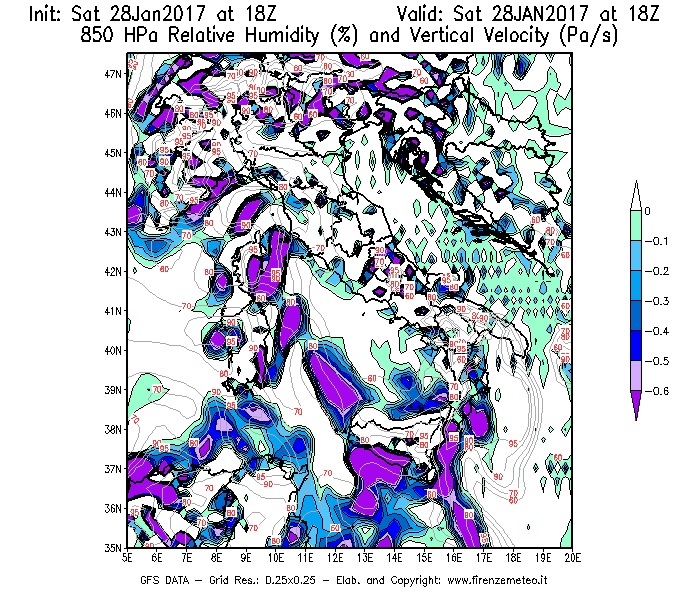 Mappa di analisi GFS - Umidità relativa [%] e Omega [Pa/s] a 850 hPa in Italia
									del 29/01/2017 18 <!--googleoff: index-->UTC<!--googleon: index-->