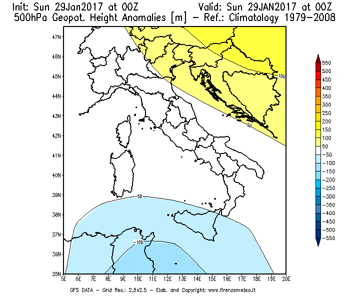 Mappa di analisi GFS - Anomalia di Geopotenziale a 500 hPa in Italia
									del 29/01/2017 00 <!--googleoff: index-->UTC<!--googleon: index-->