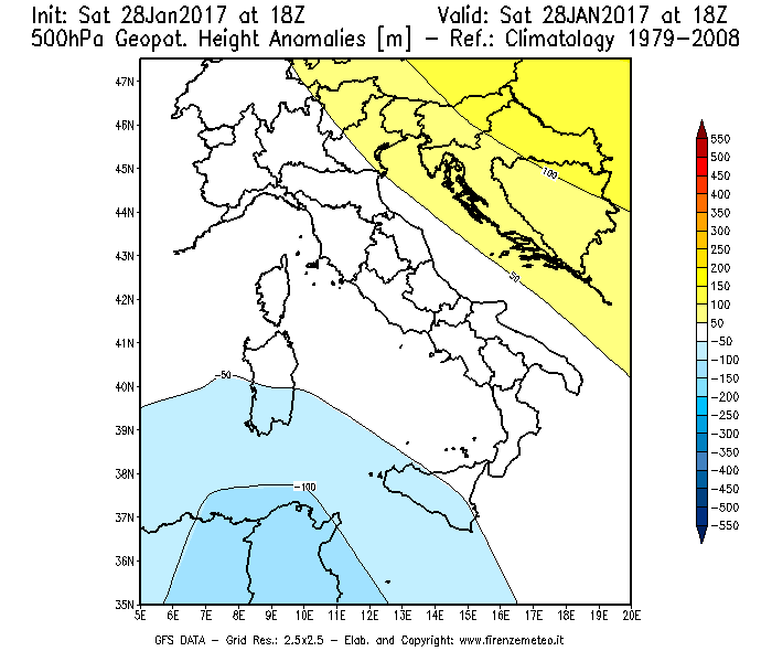 Mappa di analisi GFS - Anomalia di Geopotenziale a 500 hPa in Italia
									del 29/01/2017 18 <!--googleoff: index-->UTC<!--googleon: index-->