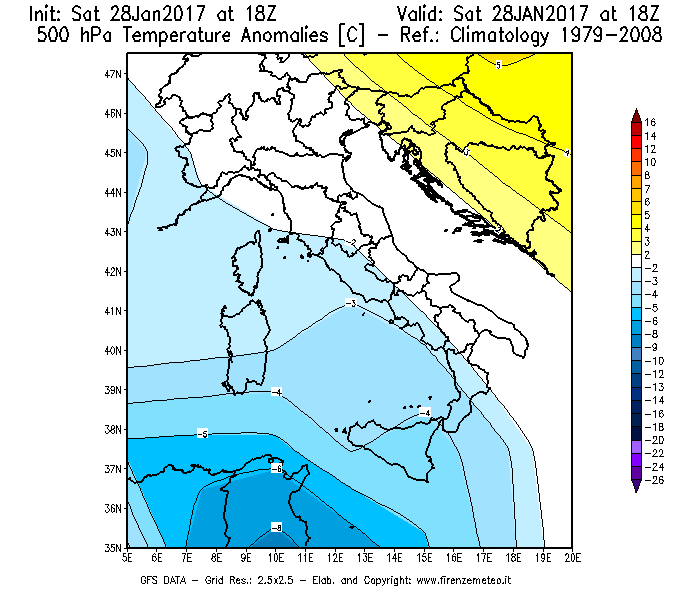 Mappa di analisi GFS - Anomalia Temperatura [°C] a 500 hPa in Italia
									del 29/01/2017 18 <!--googleoff: index-->UTC<!--googleon: index-->