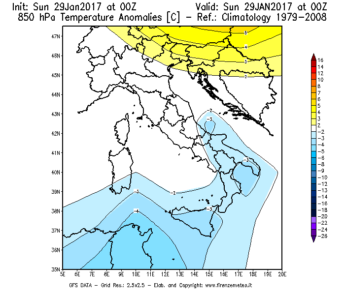 Mappa di analisi GFS - Anomalia Temperatura [°C] a 850 hPa in Italia
									del 29/01/2017 00 <!--googleoff: index-->UTC<!--googleon: index-->